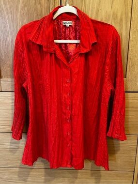 Alquema Crinkle Button Front Blouse 3/4 Sleeve Red Poppy Size 2 Medium Unique
